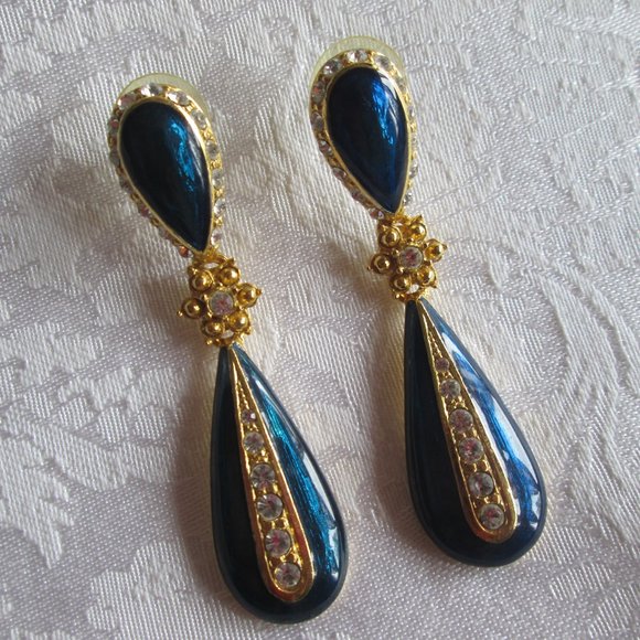 VINTAGE STAR BRIGHT - ROYAL and CRYSTAL TEARDROP EARRINGS - NWOT - Picture 4 of 15